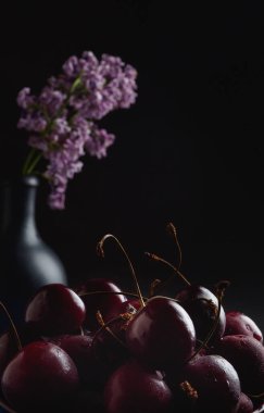 Taze kirazlar. Böğürtlen hayatı ve leylak çiçekleri sanatı