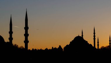 Günbatımında camileri olan şehrin siyah silueti. İstanbul şehir manzarası alacakaranlıkta.