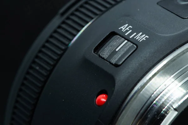 Macro Close Foto Van Lens Naar Dslr Camera Donkere Achtergrond — Stockfoto