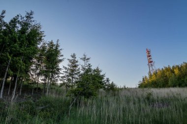 Bir tepenin ortasındaki bir arazide bir tepenin üzerinde duran yayın kulesinin görüntüsü..