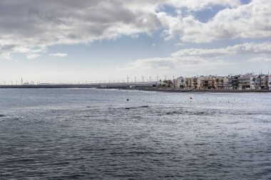 Büyük Kanarya 'da, okyanusa ve çevreye bakan güneşli bir günde bir sürü ağaç ve çevreleyen evleri olan şehir ve liman bölgesi.