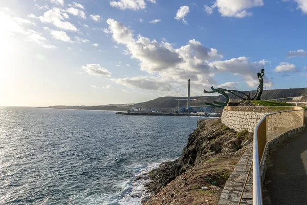 Panoramisch Uitzicht Asfaltweg Eilandkust Rondom Heuvels Achtergrond Gran Canarische Eiland — Stockfoto