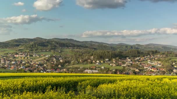 ベスキディの丘の下に位置するタイムラプスの村ベスキディの丘の下には 菜の花畑から空に雲が立ち チェコ共和国全土の国立公園周辺の天気が晴れ渡っています — ストック動画