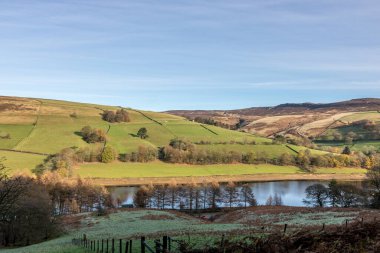 Nehir ve tepenin etrafındaki tarlalarla Uk topraklarında manzara