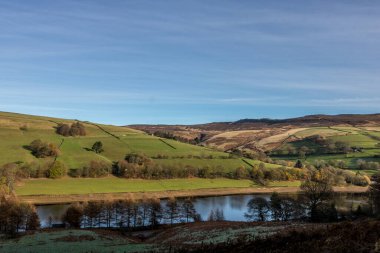 Nehir ve tepenin etrafındaki tarlalarla Uk topraklarında manzara