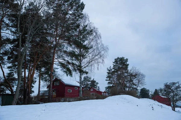 Traditionelle Ferienhäuser Auf Den Inseln Rund Oslo Norwegen Winter Mit — Stockfoto