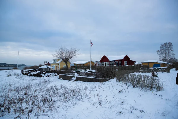 Traditionelle Ferienhäuser Auf Den Inseln Rund Oslo Norwegen Winter Mit — Stockfoto