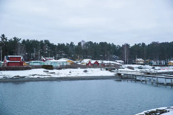 Traditionelle Ferienhäuser Auf Den Inseln Rund Oslo Norwegen Winter Mit — Stockfoto