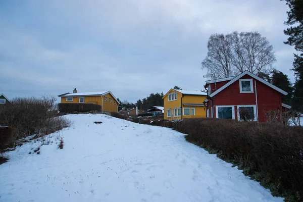 Traditionelle Ferienhäuser Auf Den Inseln Rund Oslo Norwegen Winter Mit — Stockfoto