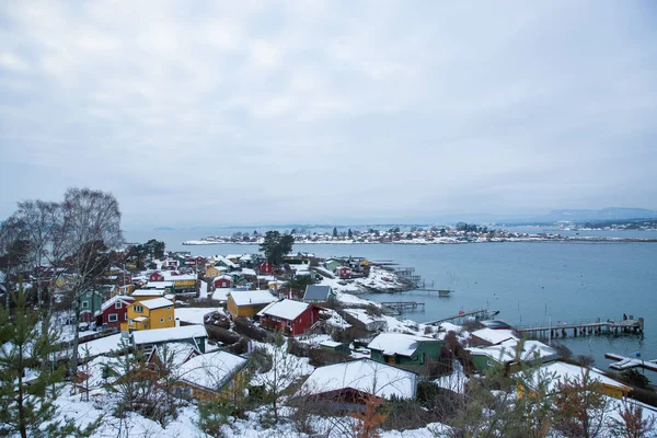 雪に覆われた街の中心部に多数のドッキングボートと冬の間のオスロノルウェー沿岸 — ストック写真