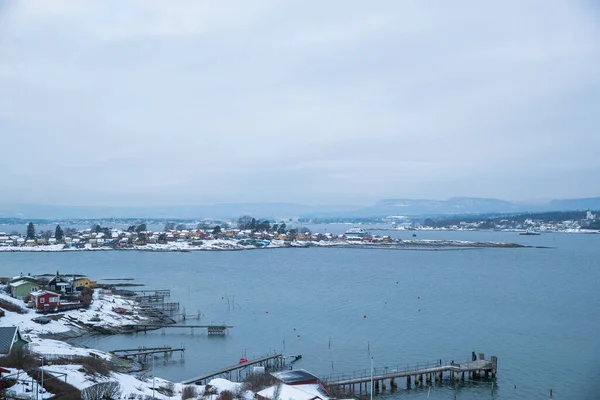 Oslo Norvégia Partjainál Télen Nagy Számú Dokkolt Hajók Város Központjában — Stock Fotó