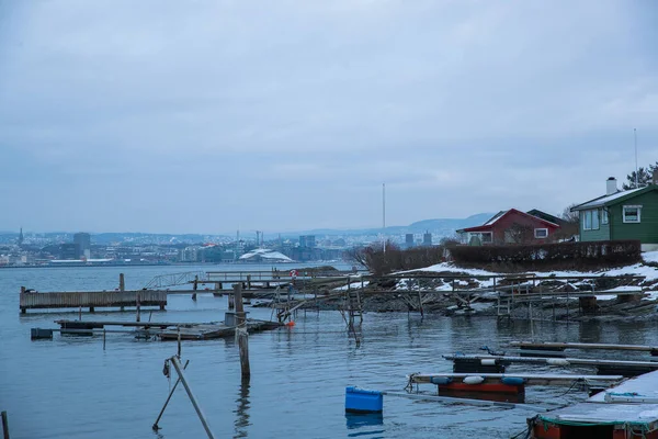 Oslo Norvège Côte Pendant Hiver Avec Grand Nombre Bateaux Amarrés — Photo