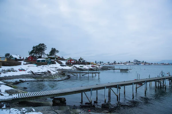 Oslo Noruega Costa Durante Invierno Con Gran Número Barcos Atracados — Foto de Stock