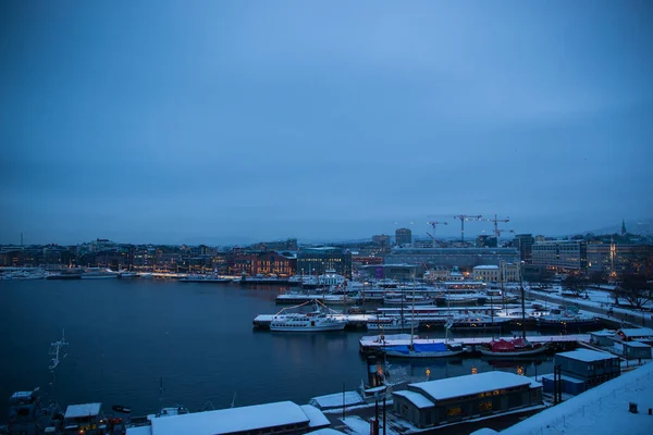 Oslo Norvège Côte Pendant Hiver Avec Grand Nombre Bateaux Amarrés — Photo