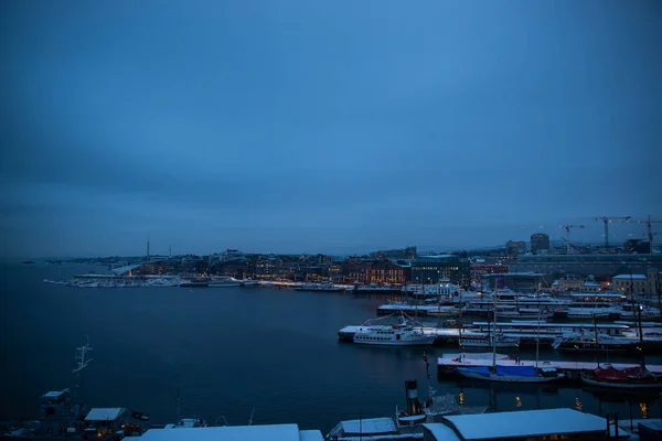 Oslo Norvège Côte Pendant Hiver Avec Grand Nombre Bateaux Amarrés — Photo