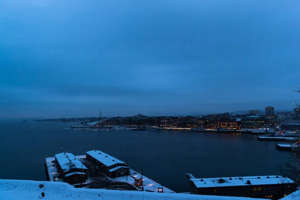 Oslo Norvège Côte Pendant Hiver Avec Grand Nombre Bateaux Amarrés — Photo