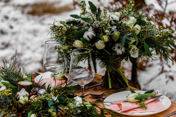 Vieille Table Bois Mariage Avec Décoration Pleine Fleurs Mise Place — Photo