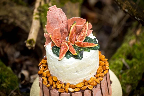 Wedding cake on two floors and light cream with fresh fruit and decorated before the ceremony laid in the middle of the forest on the trunk of a tree covered with a black moss