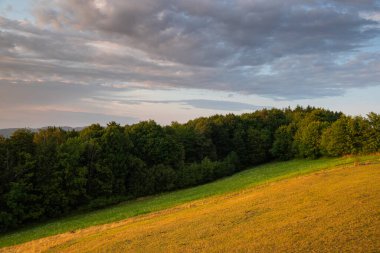 Yazın geç saatlerde tepeden çekilen Valasske Mezirici 'ye yakın bir yerde mavi gökyüzü, bulutlu güneş ışığı ve orman manzaralı çayır manzarası..