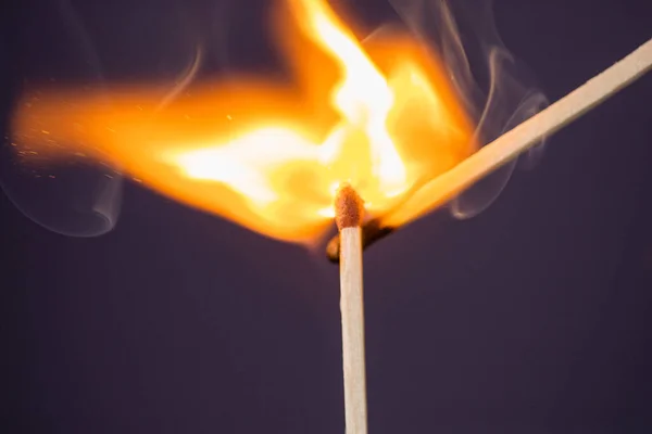 Close up Macro shot of a ignition match on a second match captured in super slow motion — Stock Image Close Macro Shot Ignition Match Second Match Captured Super Slow Stock Picture