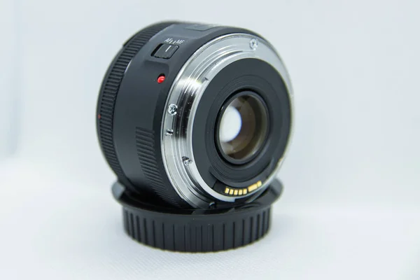 Macro Close Foto Van Lens Naar Dslr Camera Witte Achtergrond — Stockfoto