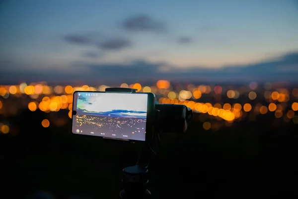 Mobile Phone Taking Pictures Colorful Sunset Bila Hora Amazing View — Stock Photo, Image