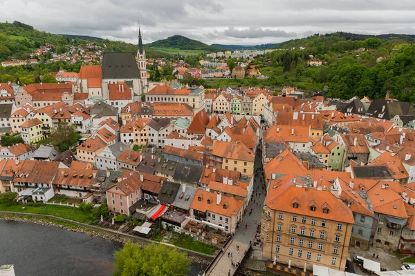 Panorámás Kilátás Nyílik Fenti Légi Történelmi Város Cesky Krumlov Híres — Stock Fotó