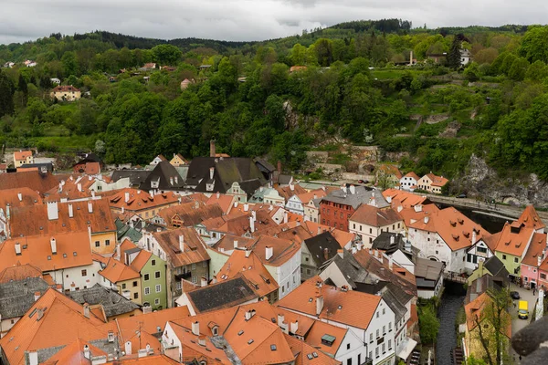 Panoramiczny Widok Góry Powietrza Historycznego Miasta Cesky Krumlov Słynnym Zamku — Zdjęcie stockowe