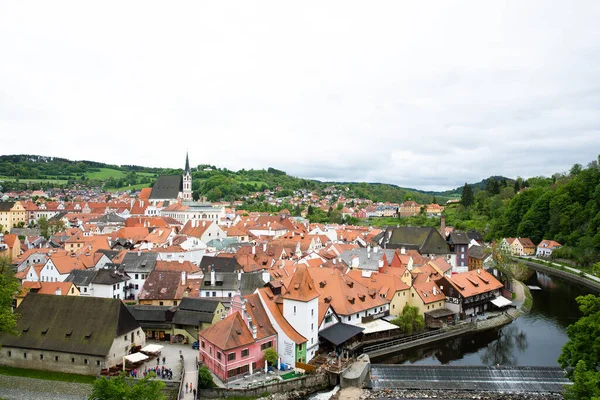 Panoramiczny Widok Góry Powietrza Historycznego Miasta Cesky Krumlov Słynnym Zamku — Zdjęcie stockowe