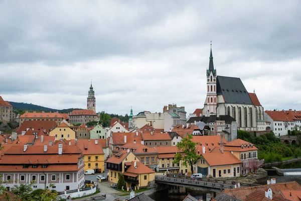 Panorámás Táj Kilátás Nyílik Történelmi Város Cesky Krumlov Híres Templom — Stock Fotó