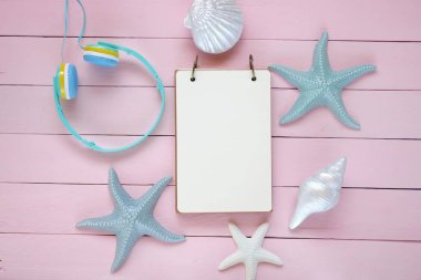 Yaz temalı deniz kabukları ve deniz yıldızları, sahil konsepti...