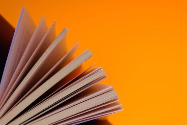Parlak turuncu arkaplan üzerine sayfaları yayılmış kitaplar