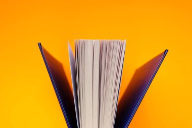 Parlak turuncu arkaplan üzerine sayfaları yayılmış kitaplar