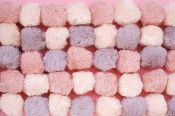 Pompons Fur Background Fluffy Gray Pink Beige Pompoms — Stock Photo, Image