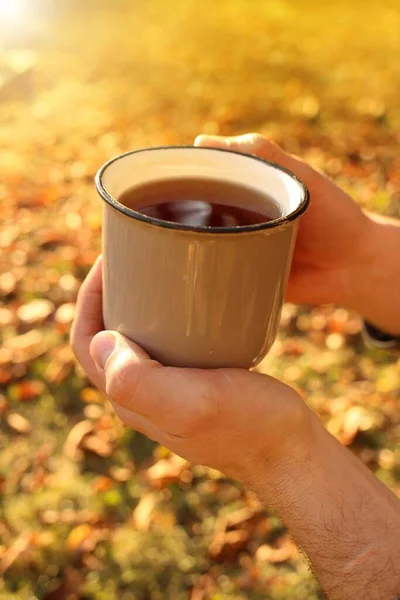 Autumn coffee. Autumn tea. mug of hot drink in female hands on a blurred vegetable background