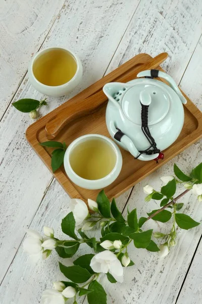 Herbata Jaśminowa Herbata Organiczna Ekstraktem Jaśminu Zielony Czajnik Kubki Stylu — Zdjęcie stockowe