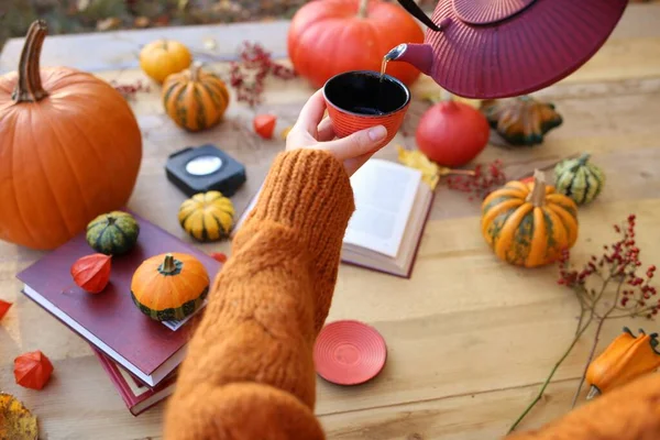 Autumn tea.Autumn flat lay. Thanksgiving Day. Female hands in a sweater