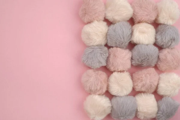 Pompons Fur Background Fluffy Gray Pink Beige Pompoms — Stock Photo, Image