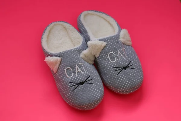House Slippers Home Wear House Shoes Cat Ears Bright Pink — Stock Photo, Image