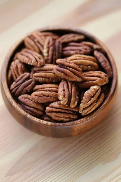 Pecan Nuts Close Light Wooden Background Healthy Fats Ingredient — Stock Photo, Image