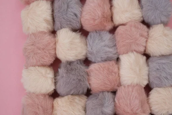 Pompons Fur Background Fluffy Gray Pink Beige Pompoms — Stock Photo, Image