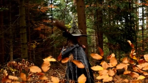 Femme Dans Costume Sorcière Effrayant Vue Sur Forêt — Video
