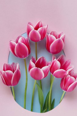 Çiçek kartı. Çiçek çerçevesi. Pembe lale çiçekleri.