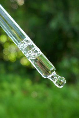 Pipette temel yağ. Yağ bitkisel özü. Bulanık yeşil arka planda bir pipette bitkisel özü.