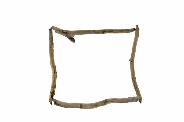 Driftwood Frame Vierkant Frame Van Dunne Snags Geïsoleerd Witte Achtergrond — Stockfoto