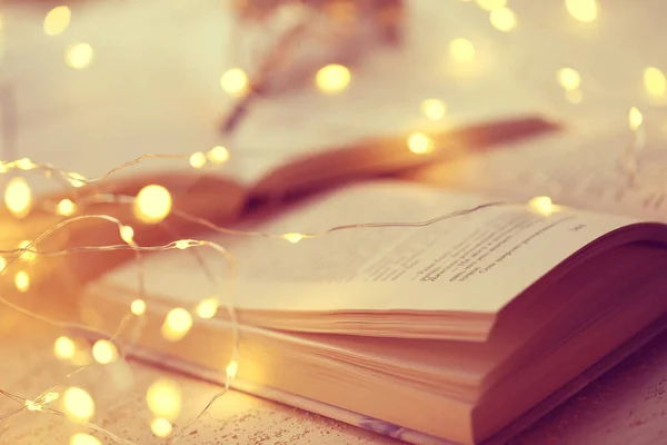 Winter books. Winter cozy reading.books close up. Book pages macro and shining garland soft focus