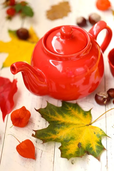 Fondo Otoño Con Tetera Roja Taza Con Hojas Arce Castañas — Foto de Stock