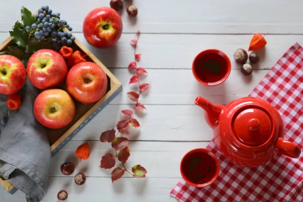 Осенний Чай Ноутбук Красным Чайником Чашка Чаем Кленовые Листья Каштаны — стоковое фото