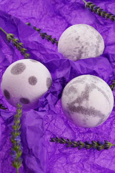 Lavender Bath Bomb Purple Striped Bath Bombs Set Sprigs Lavender — Stock Photo, Image