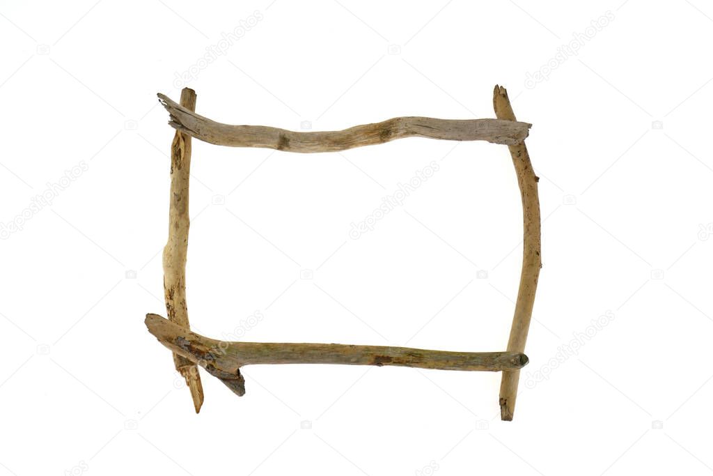 Driftwood frame. square frame of thin snags isolated on white background